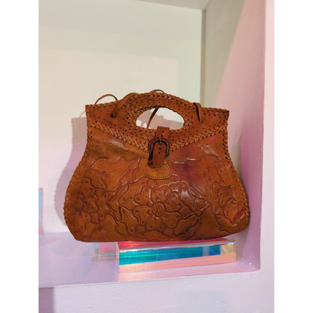 Handmade Tooled Leather Purse Brown Floral Top Handle Handbag Boho Western 14.5